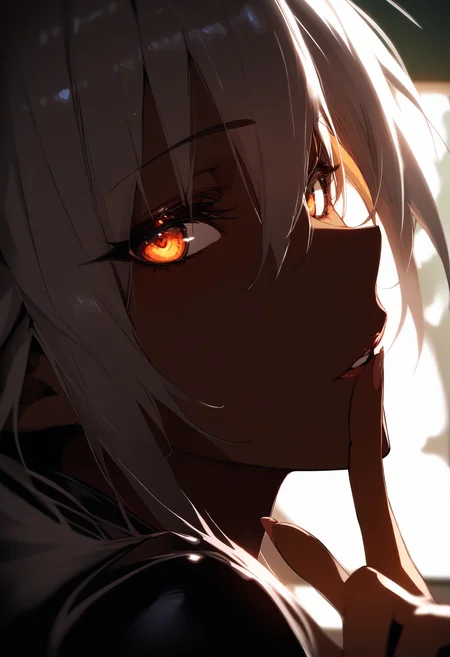 1girl, solo, <lora:SanseiMuramasaAnim4gineV2:1> murasansei, portrait, from side, profile, looking at viewer, parted lips, finger to mouth, fingernails, backlighting, blurry background, masterpiece, best quality, high score, great score, hires, absurdres