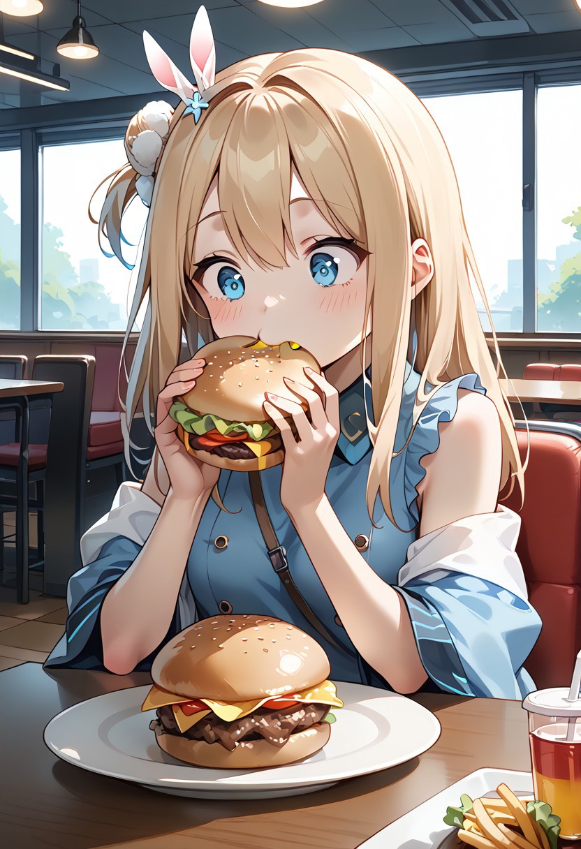 score_9, score_8_up, score_7_up, score_6_up, score_5_up, score_4_up, detailed eyes, detailed skin, source_anime, source_anime, masterpeice, best quality, very aesthetic, absurdres, BREAK 
<lora:suomi-loss0.975:1>,suomi (girls' frontline),1girl,blue eyes,blonde hair,suomi-normal, BREAK, inside, cafeteria, table, chair, BREAK, sitting, burger, eating burger, burger malfunction, shocked,