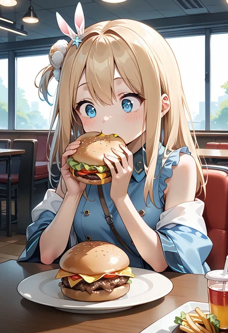 score_9, score_8_up, score_7_up, score_6_up, score_5_up, score_4_up, detailed eyes, detailed skin, source_anime, source_anime, masterpeice, best quality, very aesthetic, absurdres, BREAK
<lora:suomi-loss0.975:1>,suomi (girls' frontline),1girl,blue eyes,blonde hair,suomi-normal, BREAK, inside, cafeteria, table, chair, BREAK, sitting, burger, eating burger, burger malfunction, shocked,