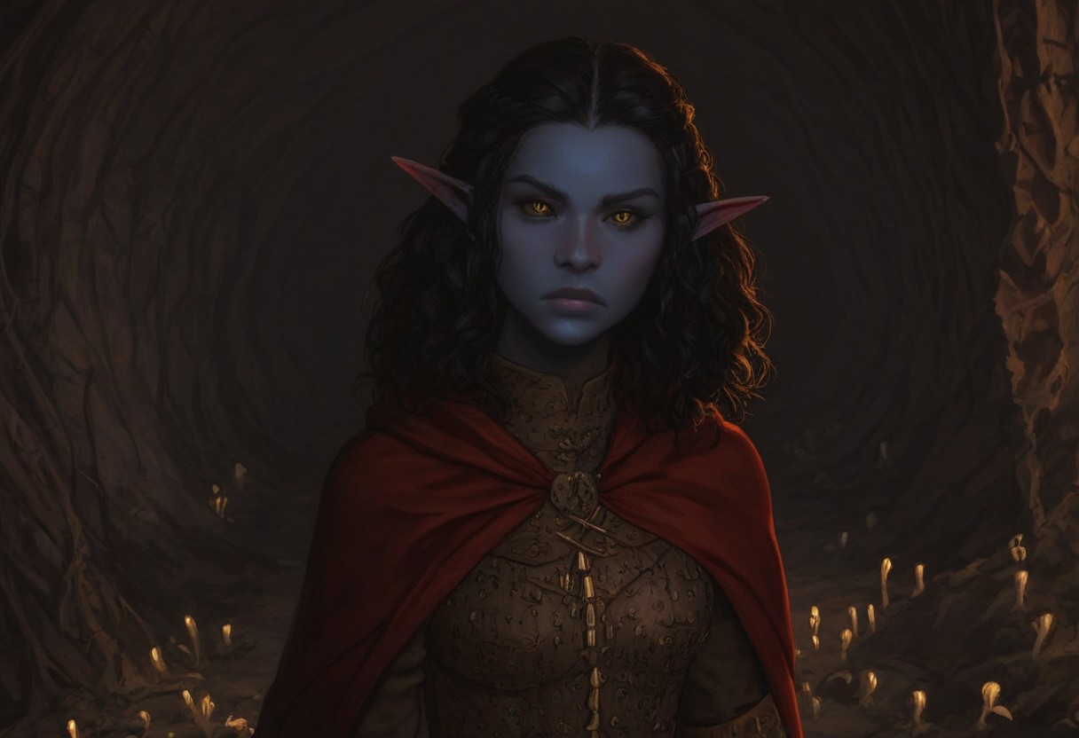solo, short pointy ears, piercings, nord woman, random elf face, aquiline features, dark elf, weathered skin, large nose, animated realism, zoomed out, Syrian features, torso, subterranean, glowing mushrooms, mushroom forest, cave enviroment, large cavern, gloomy lighting, ancient ruins, interior, dark soil floor ,grey-blue skin, scarlet and gold clothes, medium armor, bone plate armor, ivory straps and fittings, grey wood neckguard, dark red sclera, black pupils, distant mushroom forest, blue-green light, neon, highly detailed, defined features, looking at viewer, three quarters view, from above, dynamic lighting, 36 years old, light and shadows, patterned cloth, determined expression, expressive eyes, detailed medieval clothes, medium_breasts, medium hair, wavy hair, thick hair, beaded hair, braided hair, under cut hair, semirealistic, alien elf, spanish features, jewish features, black hair, dark red hair, umber skin, sharp features, red persian print cloak, nighttime, high detail, absurdres, pretty eyes, detailed eyes, yellow eyes,
