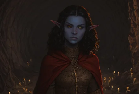 solo, short pointy ears, piercings, nord woman, random elf face, aquiline features, dark elf, weathered skin, large nose, animated realism, zoomed out, Syrian features, torso, subterranean, glowing mushrooms, mushroom forest, cave enviroment, large cavern, gloomy lighting, ancient ruins, interior, dark soil floor ,grey-blue skin, scarlet and gold clothes, medium armor, bone plate armor, ivory straps and fittings, grey wood neckguard, dark red sclera, black pupils, distant mushroom forest, blue-green light, neon, highly detailed, defined features, looking at viewer, three quarters view, from above, dynamic lighting, 36 years old, light and shadows, patterned cloth, determined expression, expressive eyes, detailed medieval clothes, medium_breasts, medium hair, wavy hair, thick hair, beaded hair, braided hair, under cut hair, semirealistic, alien elf, spanish features, jewish features, black hair, dark red hair, umber skin, sharp features, red persian print cloak, nighttime, high detail, absurdres, pretty eyes, detailed eyes, yellow eyes,