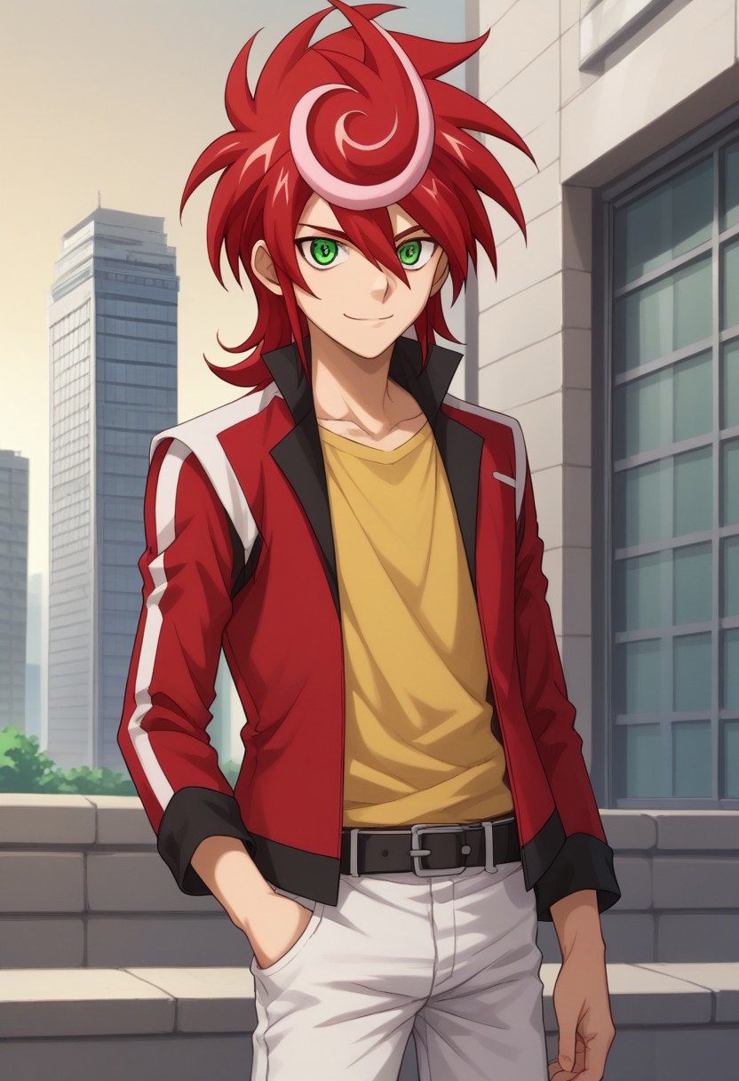 score_9, score_8_up, score_7_up, source_anime, highly detailed, 
shindou, 1boy, solo, male focus, red hair, green eyes, pants, belt, jacket, red jacket,
smile, spiked hair, upper body, standing, white pants, looking at viewer,
shirt, hair between eyes, yellow shirt, multicolored hair, dyed bangs, two-tone hair,
outdoor, sky, buildings,
