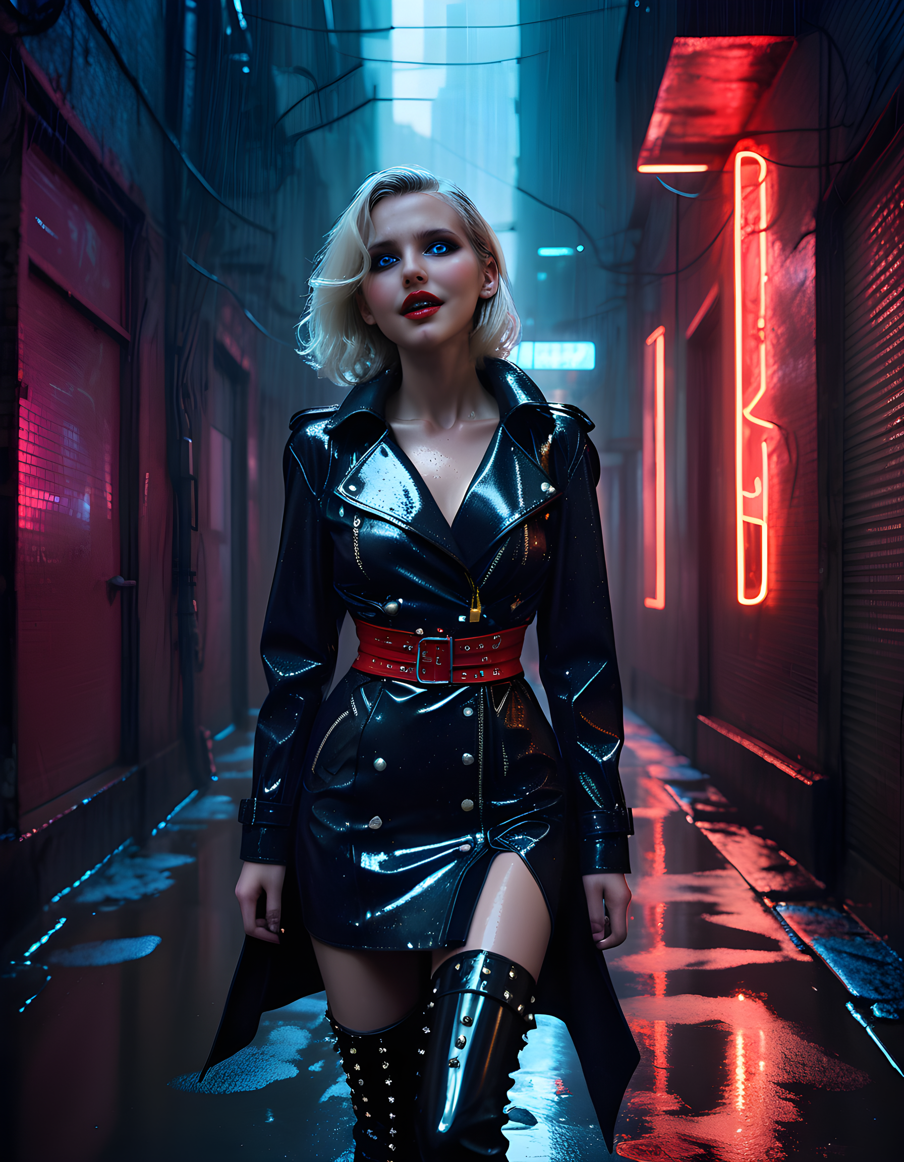 In a gritty, neo-noir setting reminiscent of a rain-soaked Blade Runner metropolis, the enigmatic CL4R45, a woman with her platinum blonde hair cascading down her back like liquid silver, stands alone in an abandoned alleyway, bathed in the eerie glow of neon lights. Her piercing blue eyes, framed by thick black eyeliner and accentuated by the reflection of raindrops, seem to bore into the viewer's soul. She wears a futuristic, yet vintage-inspired outfit: a black leather trench coat adorned with metallic studs, a red corset, and a pair of knee-high, thigh-high boots with matching red stilettos. Her lips are painted an intense shade of crimson red, and her teeth flash in a knowing smile as she levels a knowing gaze at the viewer. The camera is positioned at a low angle, looking up at her, highlighting her towering stature and adding to the sense of intimidation. A single drop of rain trickles down her cheek, leaving a trail of glittery, metallic tears that catch the light and add an ethereal quality to her otherwise hardened exterior. The background is filled with the chaotic hustle and bustle of the city, but CL4R45 stands out as the only still figure in the frame, embodying a sense of calm amidst the storm. The emotional tone is one of both vulnerability and strength, suggesting that despite her tough exterior, there's a fragility hidden beneath the surface.
