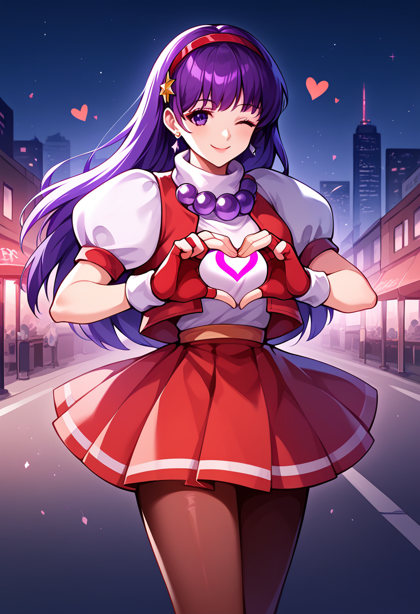 score_9, score_8_up, score_7_up, score_6_up, source_anime BREAK   <lora:Athena97:1>,  Athenakof97, long hair, purple hair, purple eyes, red hairband, pearl necklace, puffy sleeves, short sleeves, open vest, skirt, pantyhose, fingerless gloves,  crossed,  heart hands, one eye closed, cityscape, street, night,  1 girl, solo,