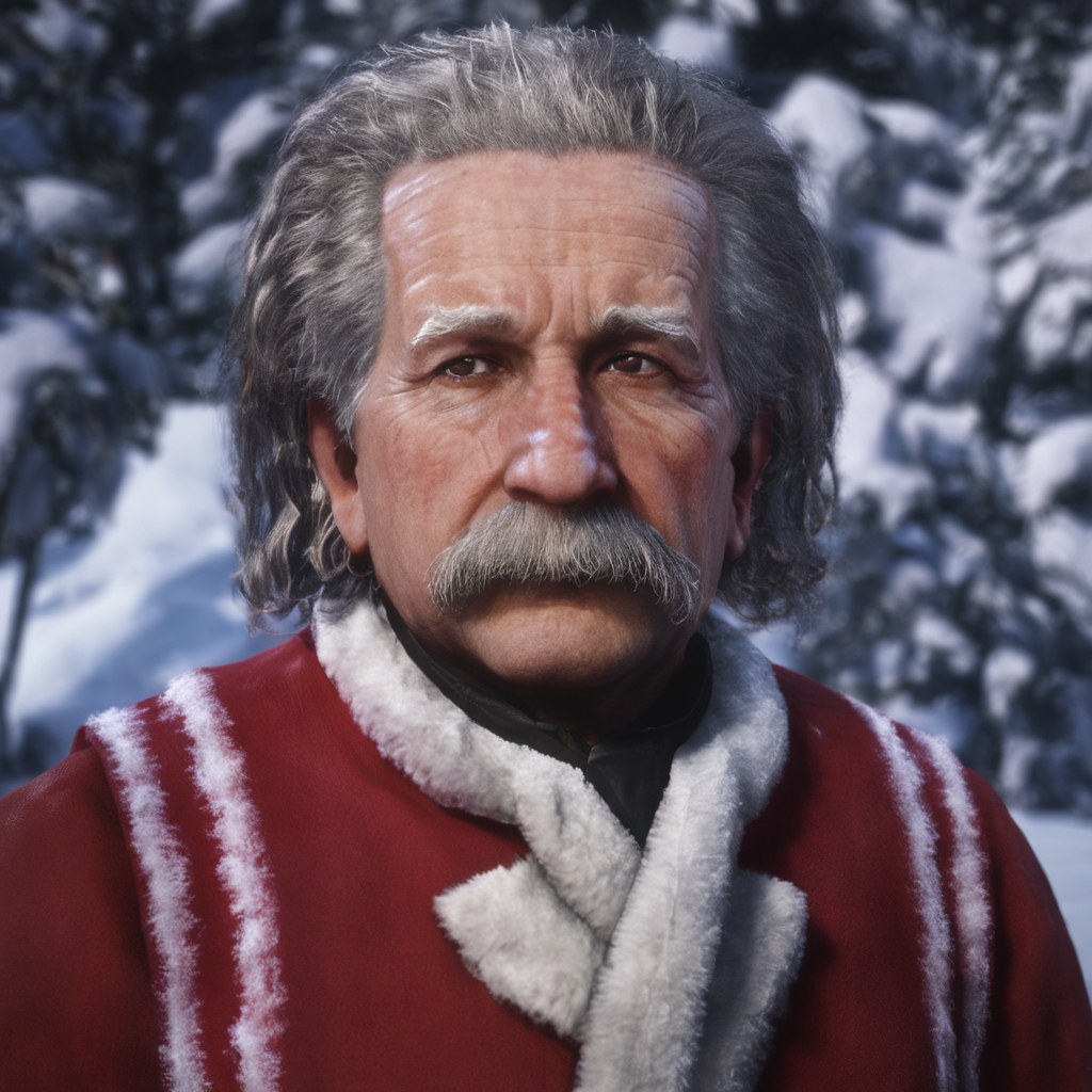 medium-shot albert einstein wearing santa clothes, 8k uhd, dslr, high quality, rdr2game style <lora:RDR2V1.2-000012:1>