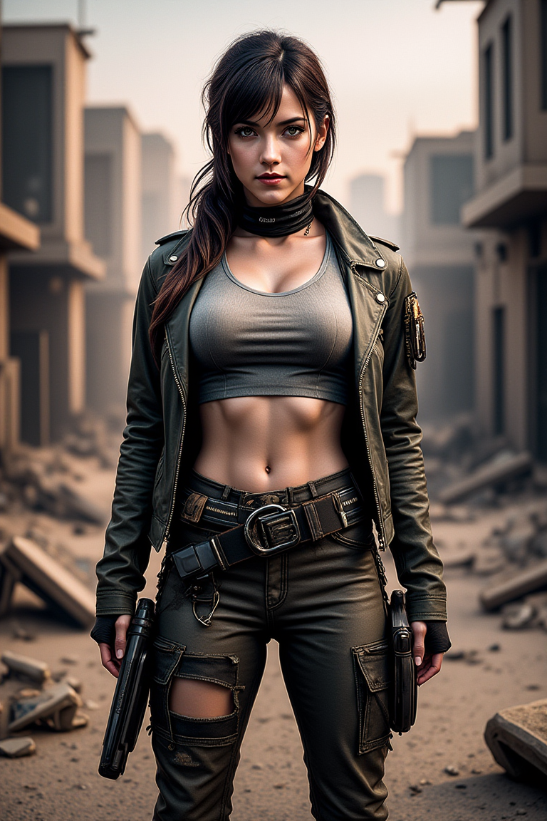 (Half-length portrait of a woman),


(In a rugged survival outfit featuring a fitted tank top paired with distressed cargo pants, accessorized with tactical gear and a worn leather jacket, combined with tousled hair pulled back and a fierce, determined expression, for a look of gritty resilience),
(Amidst a desolate, post-apocalyptic landscape with crumbling structures and dust swirling in the air, where the combination of practical clothing and harsh surroundings creates an atmosphere of urgency and survival:1.3),
(resilience:1.3),
(gritty, high contrast, muted colors, dramatic shadows, cinematic still:1.3),
