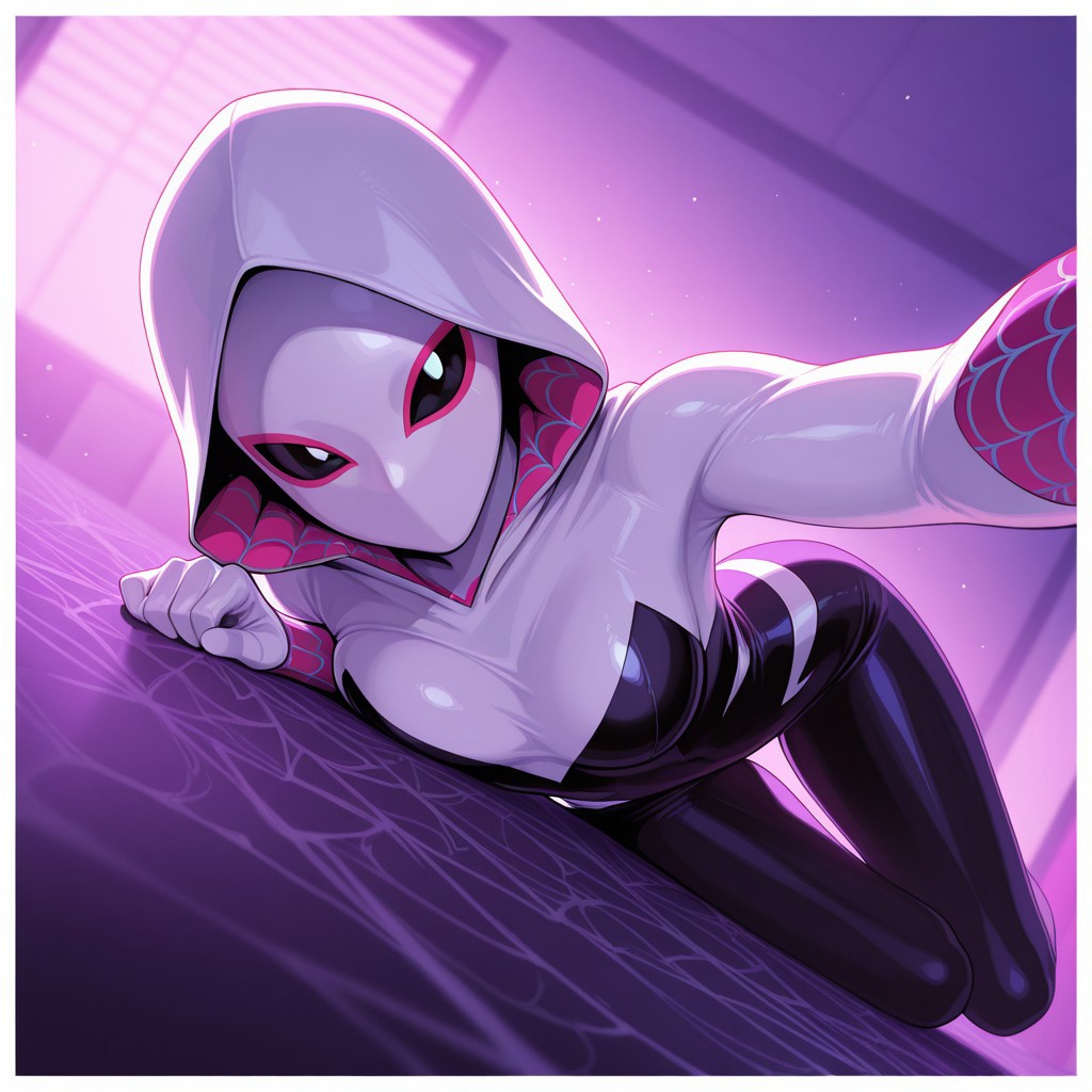 Score 9, Score 8, Score 7, Masterpiece, High Quality, Good Quality, Latest Model, High Resolution, Absurd, ((White Border)), Cinematic Lighting, High Contrast (Rim Light: 0.6), Dynamic Vision, <lora:illustriousXL_stabilizer_v1.23:0.3> <lora:NOOB_vp1_detailer_by_volnovik_v1:0.3> <lora:ponyv6_noobE11_2_adamW-000017:0.45> <lora:checkpoint-e18_s306:1.5> <lora:haiz_ai_illu:0.7>, Vibrant Colors, Bright Color, Dynamic Pose, Dynamic Angle, Dynamic Composition, Dynamic Colors, Colorful Image, High Contrast, Saturated Colors, Thick Line, Bright Colors, Good Lighting, Color Saturation, masterpiece, best quality, source_hentai, medium shot, 
gwenstacyILL
bodysuit, hood up, mask, covered face,  hooded bodysuit, hooded, superhero, skintight bodysuit, spider web print,
on a pink spider web, modeling, lying on the spider web, selfie pose, funny faces,