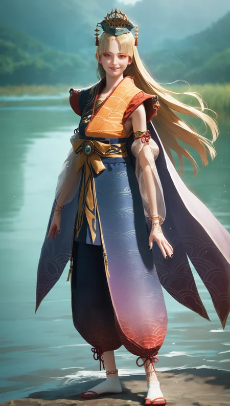 score_9,score_8_up,score_7_up,
<lora:Yoshiro:0.9>,
yoshirogoddess,
realistic,
1girl,solo,
blonde hair,long hair,hime cut,
yellow eyes,red eyeshadow,
looking at viewer,parted lips,smile,
blue headdress,white and red-to-purple gradient cape,orange sleeveless top robe,layered purple and blue skirt,sheer pants,gold bracelets,gold anklets,sheer detached sleeves,black fingernails,red ribbon,white socks,red geta,intricate and detailed design,
full body,sitting,sitting on knee,
blurry background,bloom,lens flare,shimmering water background reflecting sunlight,lake,light particles,