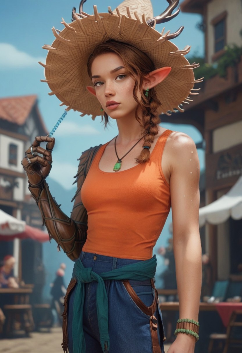 score_9_up, score_8_up, score_7_up, score_6_up, (realistic, photography) dynamic view, 1girl, solo,
S4ffr0n,
brown eyes, brown hair, pointy ears, braid, antlers, small breasts, prothestic arm, single mechanical arm, deer ears, monster girl, thick eyebrows, lips, satyr legs,
straw hat, jewelry, clothes around waist, necklace, bracelets, blue pants, shirt, tank top, brown headwear, sleeveless, ring, earrings,