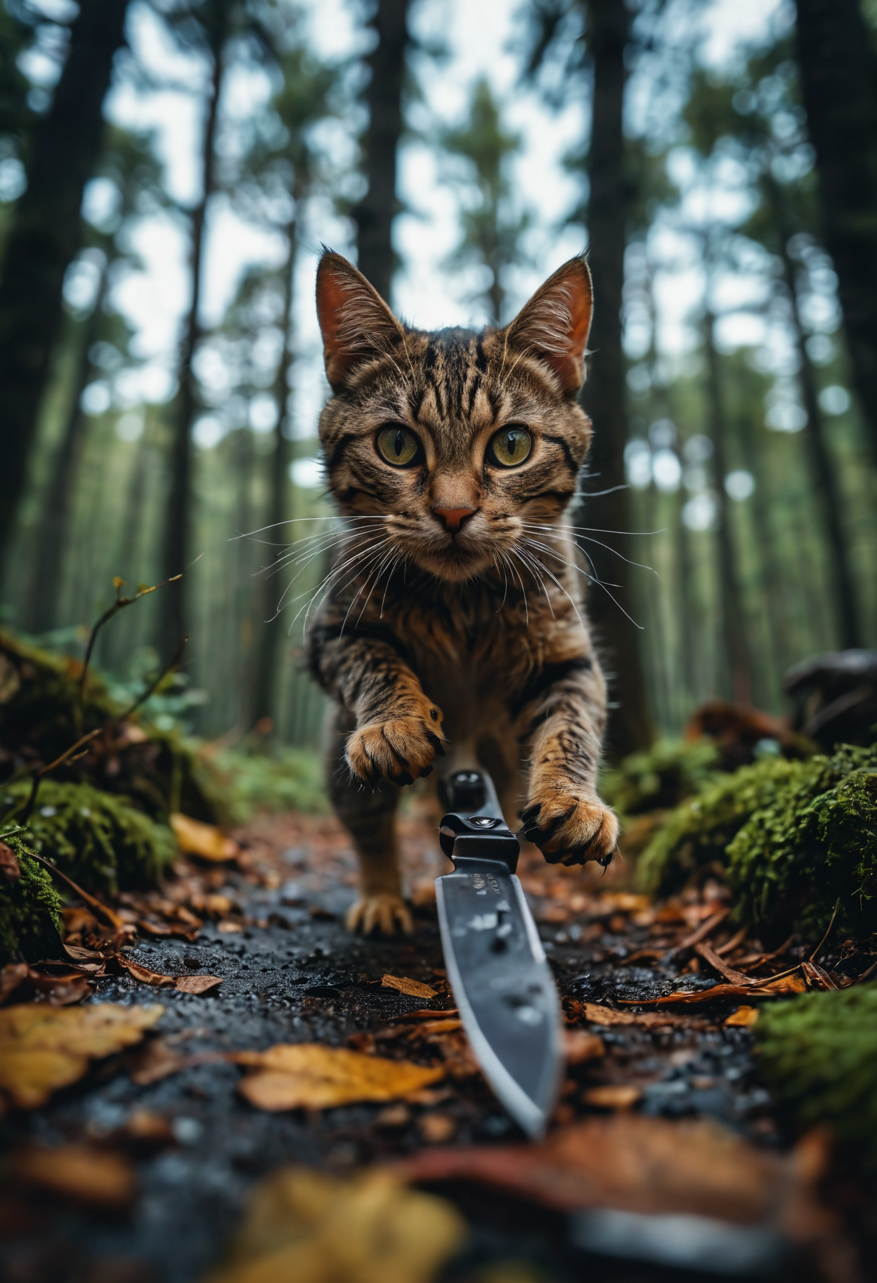 cat with a knife running through a dark forest fisheye lens  real image, magazine shoot,  horror , Canon EOS R5 effect,   <lora:add-detail-xl:1>  <lora:MJ52:0.5>
