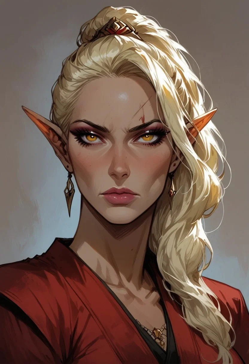 score_9, score_8_up, score_7_up, BREAK,
1girl, mature and imposing, 30 years old, portrait, beautiful, Elf wizard, asian, asian woman, golden colored skin, tanned skin, tanned, sunbathed, sunbathed skin, evil, villain, blonde hair, medium brests, golden eyes, mature, mature woman, long ponytail, single ponytail, side bangs, modest clothing, red fantasy toga, red kimono, closed mouth, arrogant <lora:Fant5yP0ny:0.6> <lora:fantasy_world_pony:0.9>
<lora:Cherry-Gig:0.55>