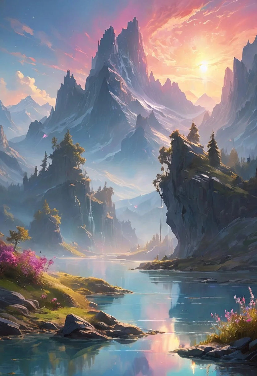 A breathtaking magical landscape that embodies elegance and wonder. Imagine a serene valley filled with lush, vibrant flora under a twilight sky, where ethereal light glows softly from bioluminescent plants. Majestic mountains rise in the background, their peaks touched by a shimmering aurora. A crystal-clear river winds through the scene, reflecting the enchanting colors of the sky. Include whimsical elements like floating islands and gentle, mythical creatures that enhance the sense of magic and tranquility.
style of greg rutkowski,janek sedlar,jenny saville:0]  <lora:vivid_everclear:0.35>  <lora:Sinozick:0.35>  <lora:MJ52:0.35>