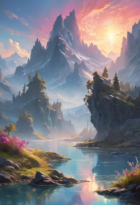 A breathtaking magical landscape that embodies elegance and wonder. Imagine a serene valley filled with lush, vibrant flora under a twilight sky, where ethereal light glows softly from bioluminescent plants. Majestic mountains rise in the background, their peaks touched by a shimmering aurora. A crystal-clear river winds through the scene, reflecting the enchanting colors of the sky. Include whimsical elements like floating islands and gentle, mythical creatures that enhance the sense of magic and tranquility.
style of greg rutkowski,janek sedlar,jenny saville:0]  <lora:vivid_everclear:0.35>  <lora:Sinozick:0.35>  <lora:MJ52:0.35>