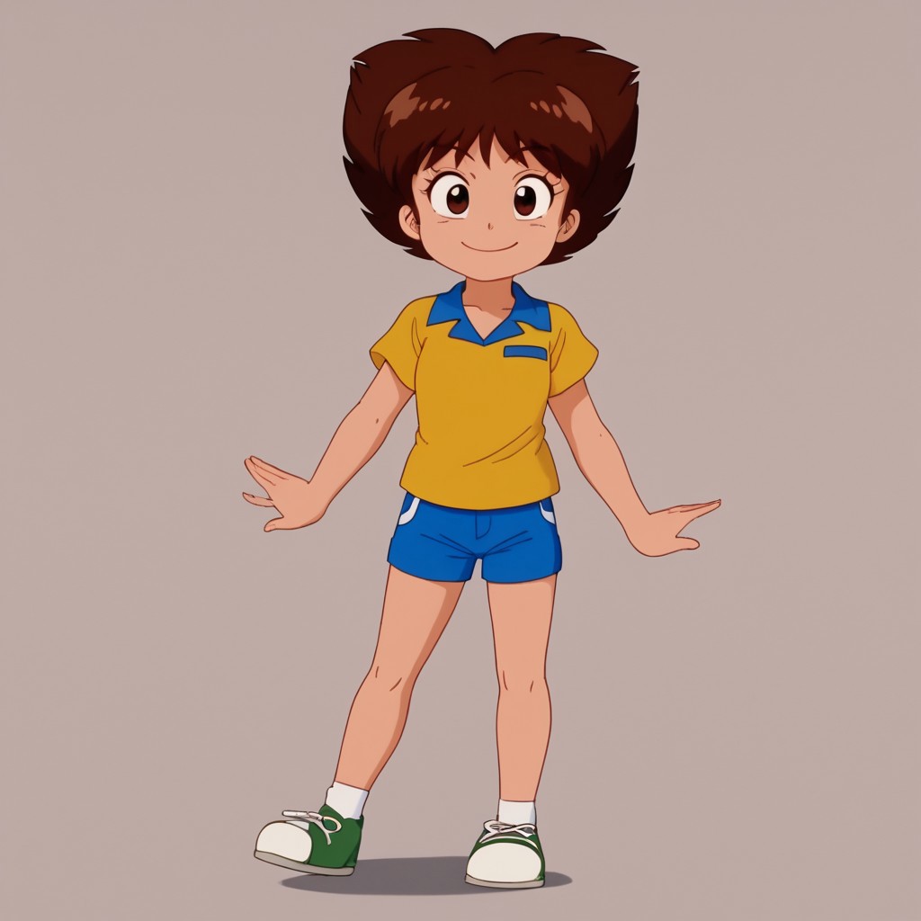 Hanpeita, shorts, yellow shirts, blue shorts, brown hair, smile, full body, standing, front view,