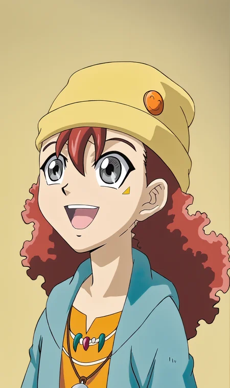 RD, 1girl, solo, red hair, long hair, grey eyes, yellow beanie, facial mark, necklace, pendants, blue open coat, orange dress, open mouth, close-up, portrait, looking at viewer, smile, yellow background, simple background, blank background, <lora:Rally Dawson Pony XL:1>
