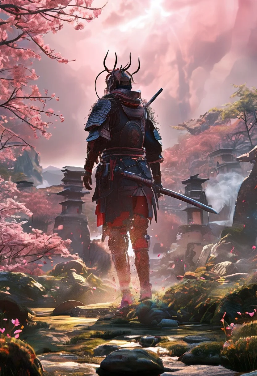 Once Human,
Japanese Samurai warrior in armor, zen garden, spring, sunshine, sakura, meditation, stream, rock garden,