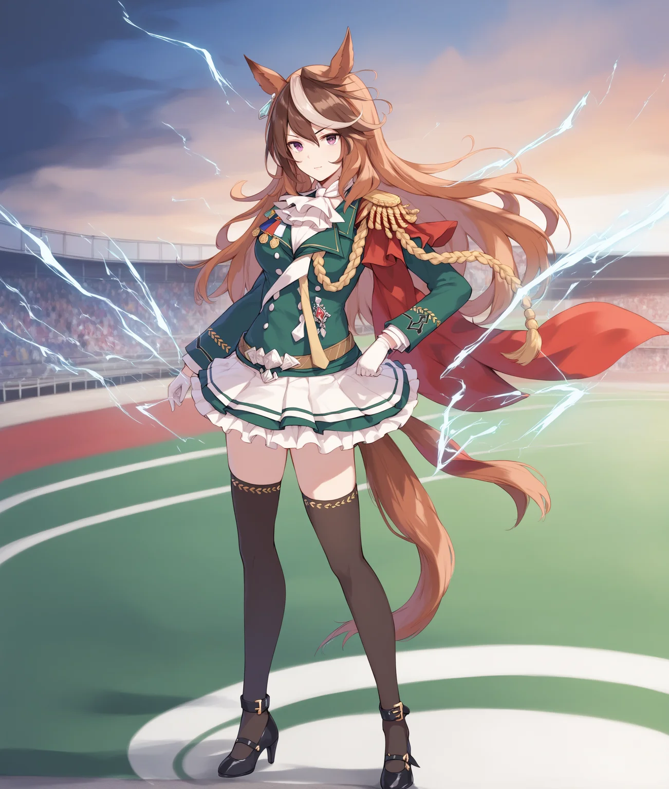 score_9, score_8_up, score_7_up, 2D, anime BREAK
(red thunder), glowing, grassland, racing, dark, 
shobufuku, 1girl, solo, long hair, looking at viewer, skirt, brown hair, thighhighs, gloves, long sleeves, animal ears, jewelry, standing, purple eyes, tail, full body, white hair, multicolored hair, earrings, frills, black thighhighs, white gloves, cape, high heels, streaked hair, ascot, horse ears, horse girl, horse tail, electricity, white ascot, single epaulette, <lora:symboli_rudoruf-ponyXL:1>,