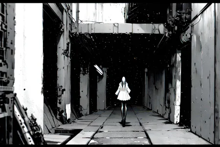 highly insanely detailed, masterpiece, top quality, best quality, highres, 4k, 8k, RAW photo, (very aesthetic, beautiful and aesthetic),
tsutomu nihei,nihei_tsutomu,blame!,blame gakuen!,abara,TNstyle,sidonia_no_kishi,(giant room),concrete walls,metal walls,lantern,light particles,dark sky,black sky,dome,walkway,machinery,ventilation fan,ventilation shaft,buildings,drainpipe,clouds,bridge,letterboxed,fence,tentacles,
<lora:blamev2:0.7>,
(1girl:1.3),
solo focus,
pearl white background,âââ