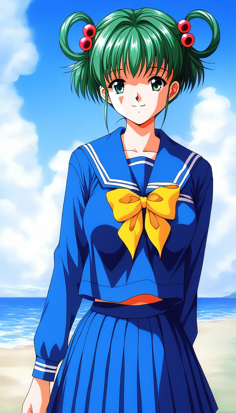 score_9, score_8_up, score_7_up, source_anime, rating_explicit, BREAK  <lora:Tatebayashi_Miharu_XL:1> TatebayashiMiharu, hair rings, hair ornament, hair bobbles, green hair, bangs, short hair, green eyes, medium breasts, 
solo, school uniform, skirt, long sleeves, pleated skirt, 1990s (style), blue skirt, serafuku, yellow bow, smile, 
looking at viewer, bow, sailor collar, standing, shirt, blue sailor collar,
outdoor, day, sky,