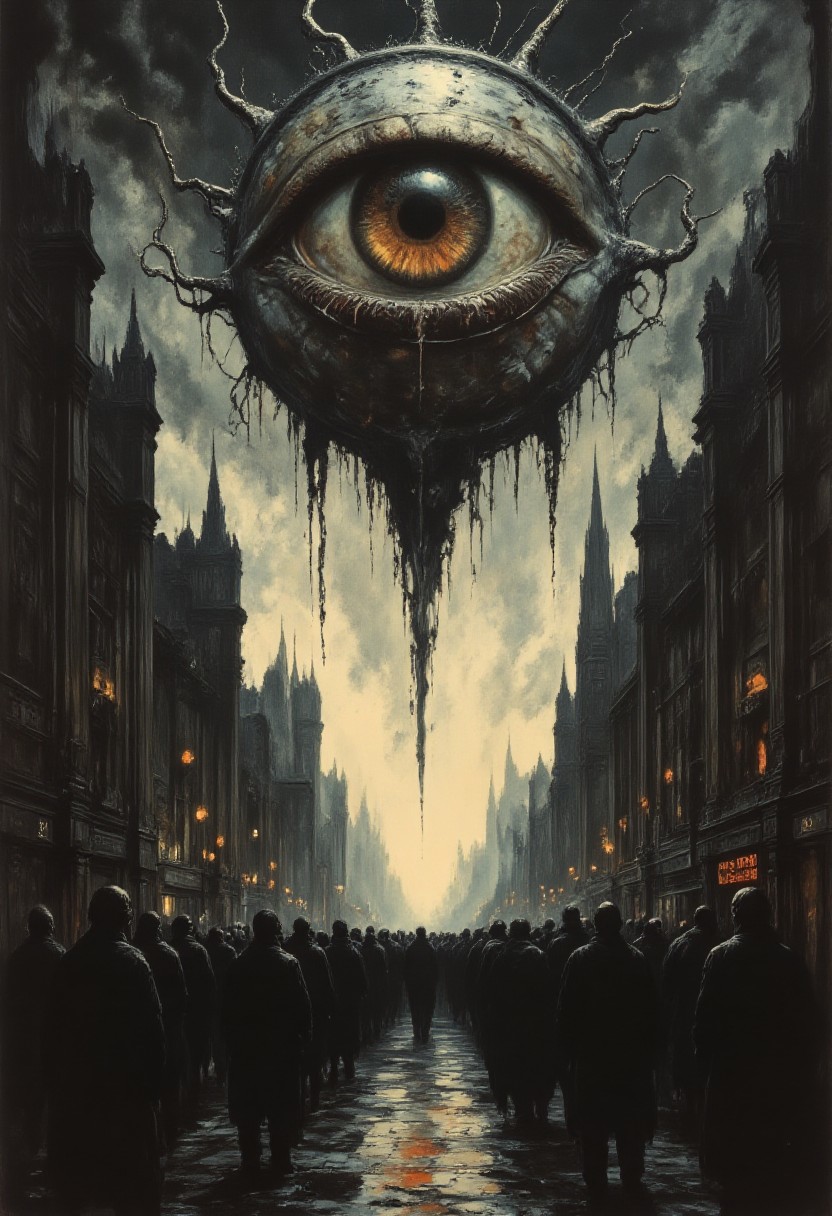 An oil painting of many silhouettes on a busy street of people looking up to the sky. A large evil looking eye floats above them. (The eye has a blood red pupil.)
The painting is a representation of depression