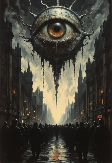 An oil painting of many silhouettes on a busy street of people looking up to the sky. A large evil looking eye floats above them. (The eye has a blood red pupil.)
The painting is a representation of depression
