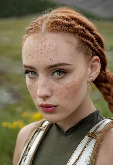 A beautiful shieldmaiden from Rohan before Edoras, (masterpiece, extremely detailed, professional photography), (beautiful detailed face, freckles, high cheek bones, pointy chin, slim face, beautiful green eyes), horse head shaped golden earrings, blurred battle scene behind her, on a green prairie with evergreen flowers, slender, fit, fighting stance, scale mail, half helmet, round wooden shield, broadsword in hand, redhead, braids, leather armbands, snowed White Mountains can be seen far in the background, conysv3-1400, remarkable colors, ultra realistic, textured skin, remarkable detailed pupils, perfect symmetric eyes, realistic dull skin noise, visible skin detail, skin fuzz, dry skin, shallow depth of field, highly detailed, OverallDetail, gorgeous, eye catchlights, skin pores, imperfections, natural, dark mascara,eyeliner2