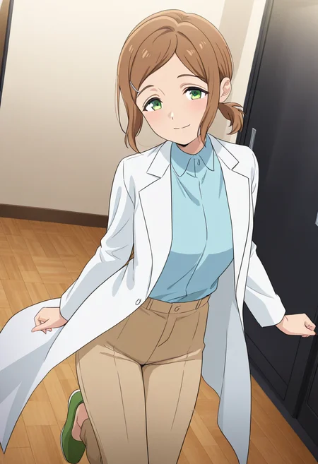 masterpiece,best quality,absurdres,perfect lighting,indoors,wooden floor,
*//*,<lora:HealerGirl_ShokoNagisa-Illustrious:1>,shoko_nagisa,1girl,solo,brown hair,short hair,ponytail,green eyes,hairclip,blue shirt,labcoat,brown pants,shoes,green footwear,
*//*,looking at viewer,cowboy shot,dutch angle,dynamic pose,light smile,