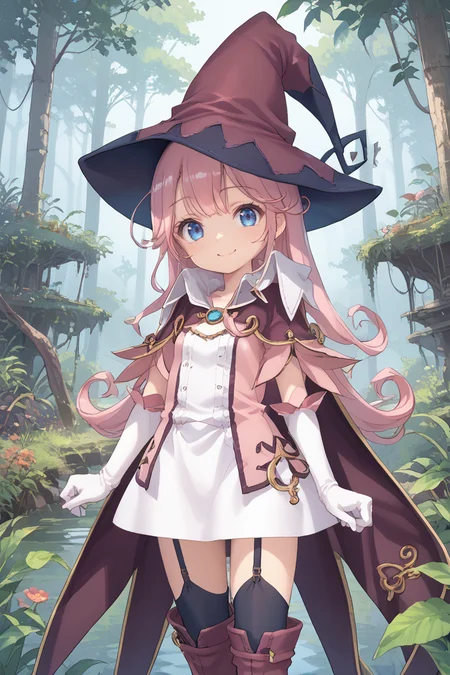 score_9, score_8_up, score_7_up, score_6_up, source_anime, BREAK, <lora:Pamela:0.85> pamdef, 1girl, pink hair, long hair, blue eyes, witch hat, white skirt, witch outfit, white elbow gloves, cape, black zettai ryouiki, thighhighs, garter straps, boots, cowboy shot, looking at viewer, smile, happy, scenery, exterior, outdoors, forest, jungle, <lora:backgroundsetXL:0.3> , background,