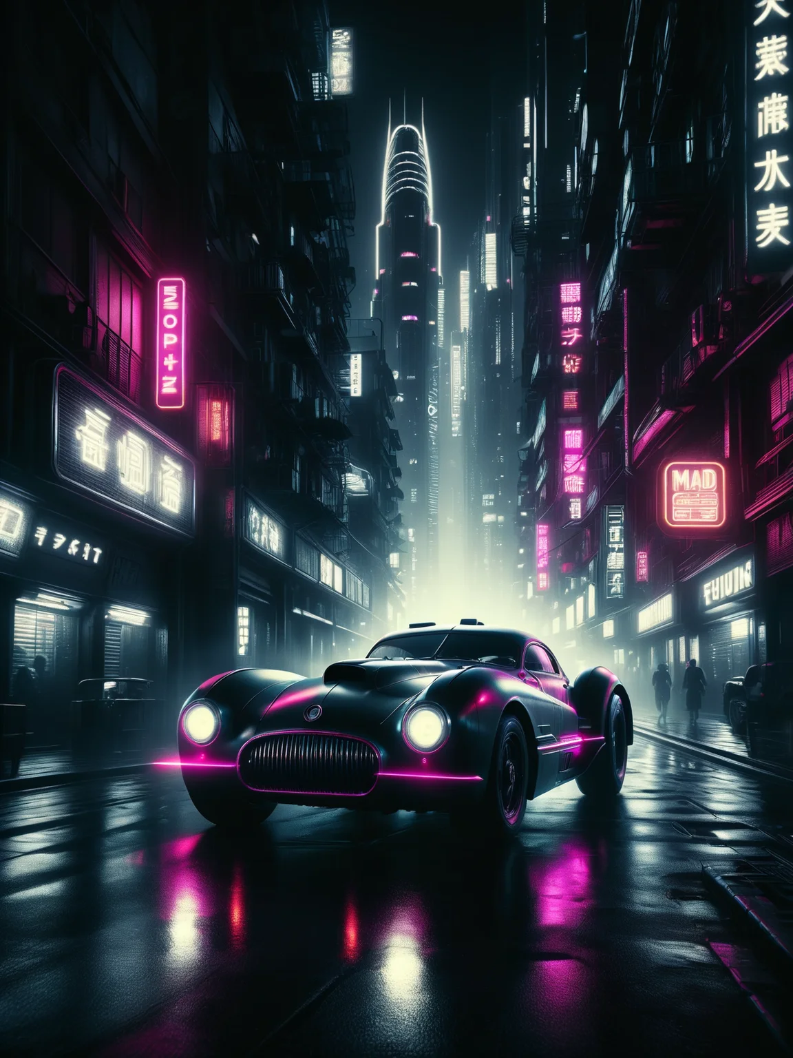 car racing through city, cyberpunk, noir, 1940s <lora:Neon_Noir_SDXL:0.8> mad-neon-noir, masterpiece, best quality, ultra high res, (photorealistic, realistic:1.2), deep shadow, raw photo, film grain, Fujifilm XT3, 8k uhd, dslr