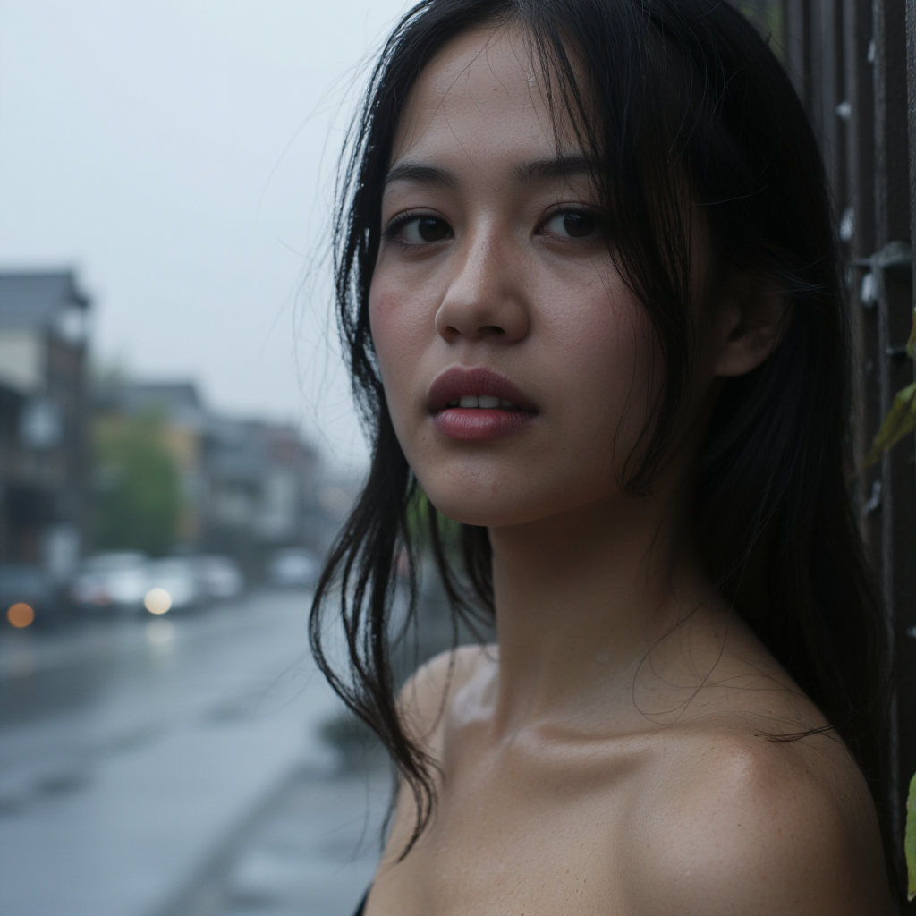 Photorealistic mode, ultra-detailed textures, moody overcast lighting, era 2020s cinematic realism, solo, emotive style, Rating SFW, a young Japanese woman with wet, bare skin after a spring rain, no makeup, water droplets glistening on her cheeks and collarbone, ¬her dark hair damp and clinging to her face, framing her contemplative expression, ¬visible texture of her pores and natural skin tones enhanced by the soft gray light, ¬a blurred backdrop of rain-soaked city streets with faint silhouettes of traditional architecture, cinematic filter emphasizing the melancholy and beauty, hyperrealistic resolution, 8k.
