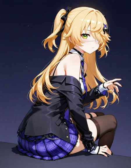 <lora:NoobV065sHyperDmd:1>1girl, very awa, masterpiece, best quality, newest, highres, absurdres, general ,
<lora:Fischl_Cafe_in_Seoul_V2_IXL20:1.0>gcs_fischl, green eyes, white eyepatch, blonde hair, two side up, black hair ribbon, x hair ornament, black nails,
black jacket, open jacket, white shirt, purple skirt, purple necktie, detached collar, black thighhighs, asymmetrical legwear, thigh strap, collar,
simple background,
sitting , ,
from behind, ,
