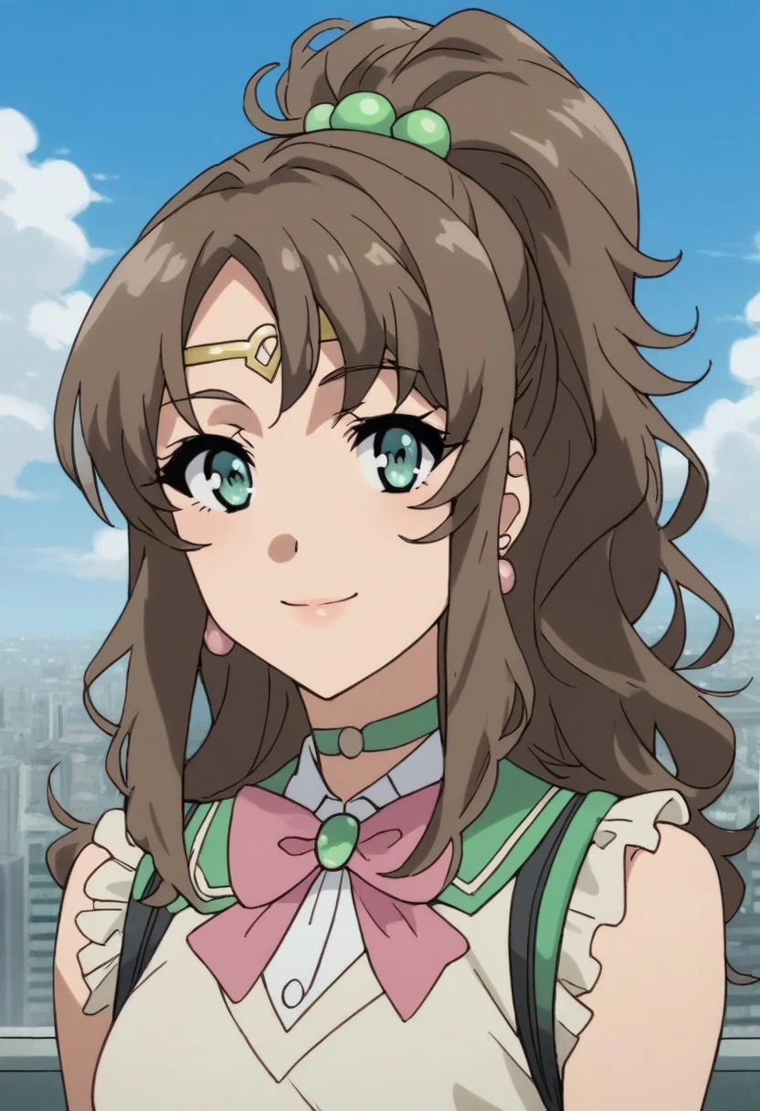 score_9, score_8_up, score_7_up, score_6_up, source_anime, 1girl, solo, (pouty lips), full lips, <lora:sailorjupiter-pdxl-nvwls-v1-000004:1> slrjup, brown hair, high ponytail, green eyes, hair bobbles, earrings, circlet, choker, white shirt, sleeveless, green sailor collar, white leotard, pink bowtie, brooch, green skirt, pleated skirt, white gloves, elbow gloves, upper body, closed mouth, looking at you, smile, happy, blue sky, clouds, city, portrait