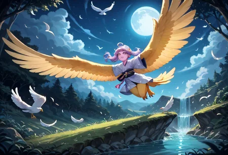 best resolution,score_9,score_8_up,score_7_up,score_6_up,score_8,score_7,score_6,best quality,masterpiece,source_anime,1girl,solo,kawaii,cute,winged_arms,A majestic harpy with dark feathers and glowing red eyes,wearing black japanese kimono,flying soaring through a stormy night sky.moonlight, starlight, firelight,wise,moonlit night sky,wind,cowboy shot,focus on face,dynamic shot, Expressiveh,eyesHD,high gradient eyes,detailed eyes,high definition eyes, <lora:Eyes_High_Definition:0.25> <lora:Expressive_H:0.75> <lora:winged_arm_style:0.85>