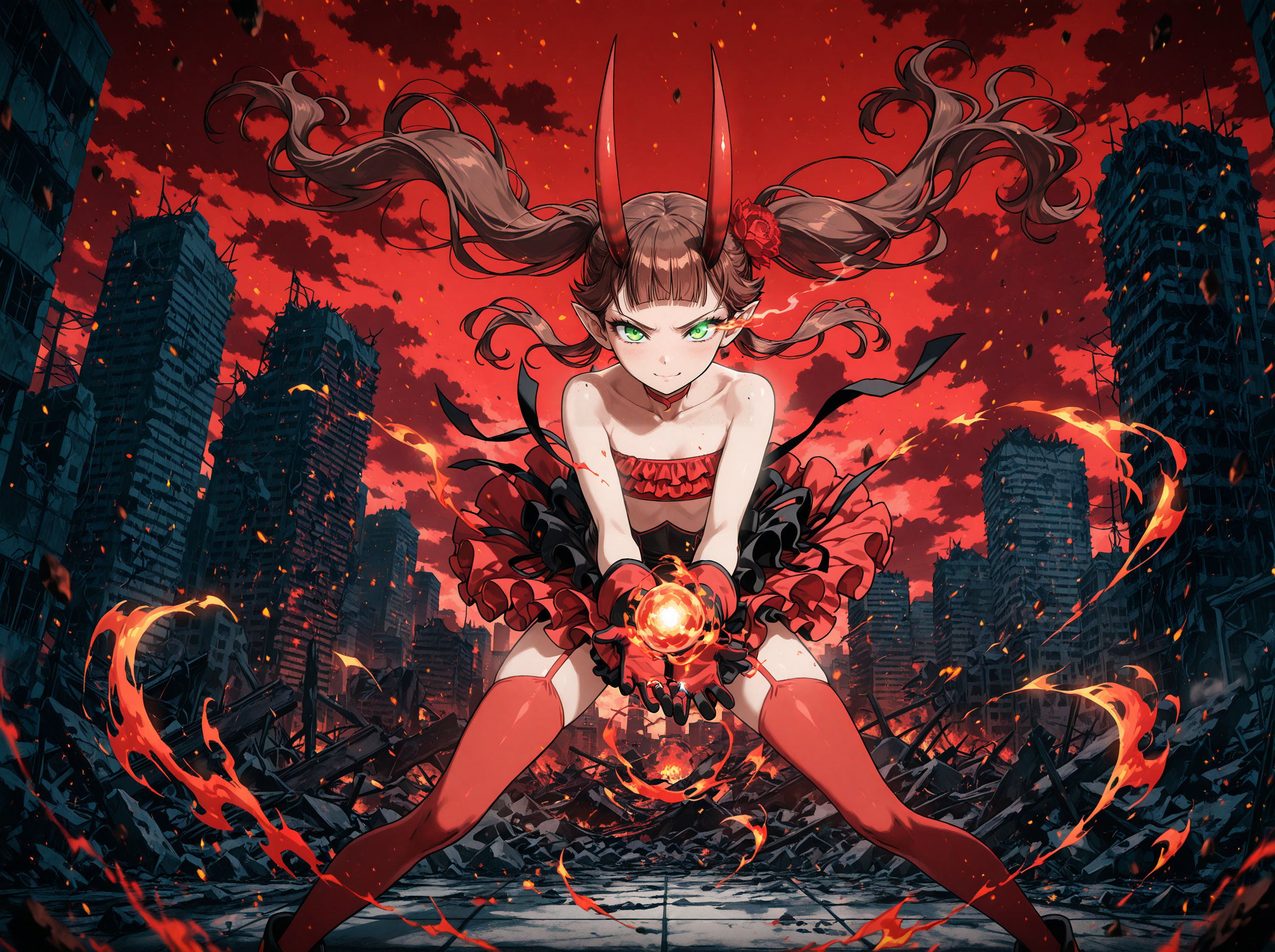 good quality,newest,huge filesize,
masterpiece, best quality,ultra quality ,amazing quality,very aesthetic,absurdres,  8k professional epic, ultra detailed, high resolution,
32k,
<lora:300_CleanAnime - [Enchanter] - illustriousXL v1:0.5>,<lora:Hyper-SDXL-4steps-lora:0.5>,
<lora:Earthbound_-_Axsens_Artist_Style_-_IllustriousXL:0.3>,
brek
perfect two hands,
break
perfect two legs,
brek
perfect fiver fingers,
anime screencap, masterpiece, best quality,
<lora:C-Control_Mashu_IlluXL:0.9>,Mashu([C] ),
1girl, solo, closed mouth,glowing eye trails,
twintails, brown hair, blunt bangs,glowing green eyes, pointy ears, horns, hair flower,
MashuC, red choker, strapless, red tube top, frilled skirt, red skirt, red gloves, red thighhighs,
rape face,
, looking at viewer, 
girl is floating in the sky,
outdoors, tiles,flame city, ruins, cityscape, red sky, cloudy sky,
 flame,fire around character,ring of fire,
 , debris, energy ball,huge solar,  <lora:DragonballHype_IXL:0.6> ,
Flame background, girl who became flame,
 ultra_instinct,red aura, floating hair,red particles,glowing energy
aggressive expression, gothic fashion, dark fantasy, detailed illustration, high contrast, bold outlines, surreal, unsettling, pop art influence, urban street art style,abstract element, 
<lora:hwm4to7A3IFRHPR:0.1>,