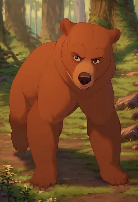 score_9, score_8_up, score_7_up, score_6_up, outdoors,
Front view, full shot, (((forest))), kenai, bear, cartoon, Disney, on fours, dark brown nose, thin eyebrows, brown eyes, light brown fur, 2D, male,