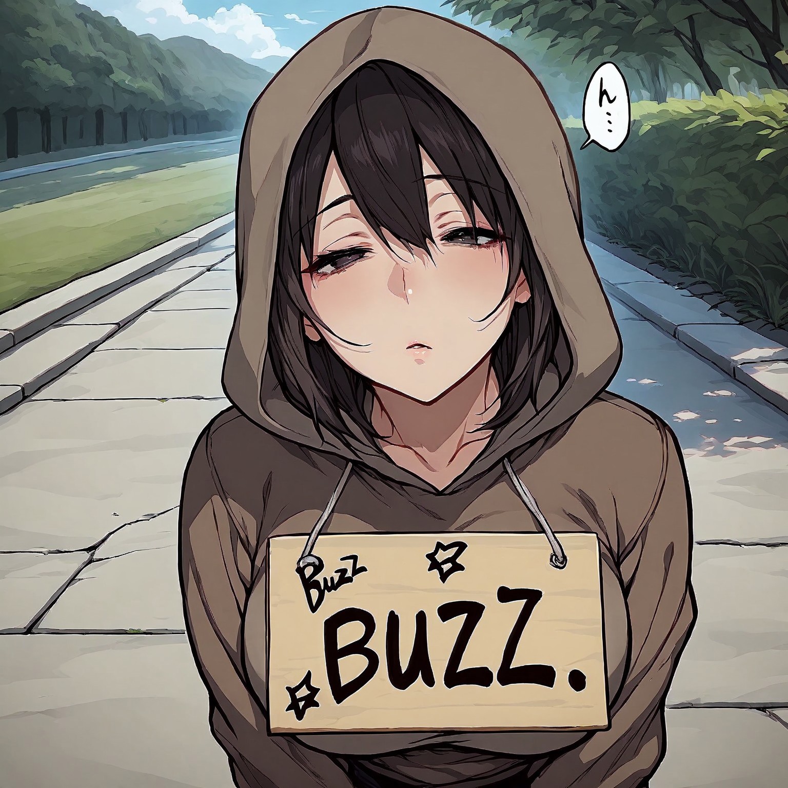safe_pos, (bold text on sign:1.1), ((text: " BUZZ " :2.0)), finely detailed, sign between chin and breasts, masterpiece, intricate details, beautiful detailed, delicate, best quality, ray tracing, spring, new year, 1girl, ((dirty)), kneeling, outside, sidewalk, medium breasts, (tired), open eyes, brown beggar clothes, hood up, 