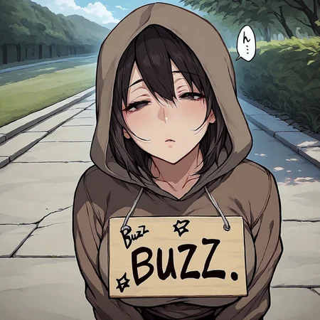 safe_pos, (bold text on sign:1.1), ((text: " BUZZ " :2.0)), finely detailed, sign between chin and breasts, masterpiece, intricate details, beautiful detailed, delicate, best quality, ray tracing, spring, new year, 1girl, ((dirty)), kneeling, outside, sidewalk, medium breasts, (tired), open eyes, brown beggar clothes, hood up,