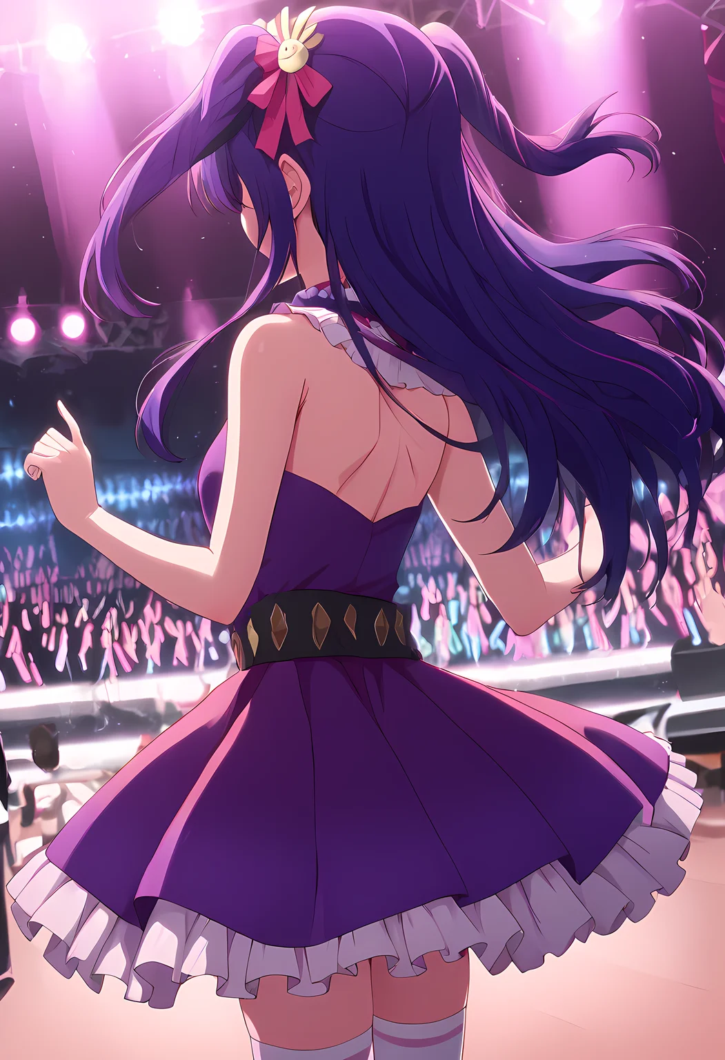 score_9, score_8_up, score_7_up, 1girl, solo, ai hoshino, long hair, bangs, purple hair, one side up, hair ornament, hair ribbon, skirt, thighhighs, white thighhighs, zettai ryouiki, idol, dress, purple dress, sleeveless, white skirt, frilled skirt, bare shoulders, standing, concert, virtual youtuber, idol, from behind, stage, stage light, faceless, performance, audience, dancing, hand pose <lora:From_behind_-_on_stage:0.75> <lora:ai-hoshino-s1-ponyxl-lora-nochekaiser:1>
