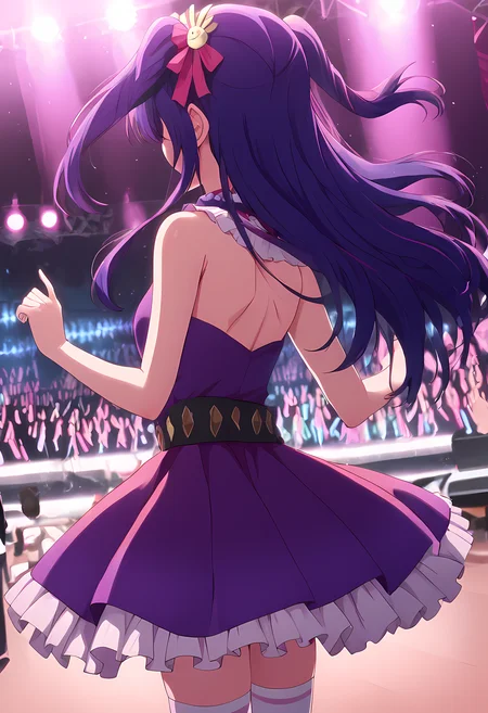 score_9, score_8_up, score_7_up, 1girl, solo, ai hoshino, long hair, bangs, purple hair, one side up, hair ornament, hair ribbon, skirt, thighhighs, white thighhighs, zettai ryouiki, idol, dress, purple dress, sleeveless, white skirt, frilled skirt, bare shoulders, standing, concert, virtual youtuber, idol, from behind, stage, stage light, faceless, performance, audience, dancing, hand pose <lora:From_behind_-_on_stage:0.75> <lora:ai-hoshino-s1-ponyxl-lora-nochekaiser:1>