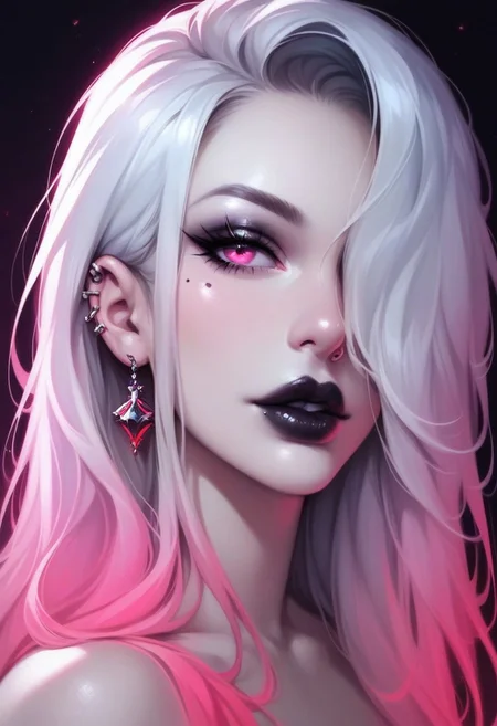 score_9,score_8_up,score_7_up,score_6_up,score_5_up,score_4_up, digital art, female portrait, close up, glowing, neon, high-resolution, gotoh_hitori, Goth girl 1girl, 8k, masterpiece, best quality, highly detailed, realistic, amazing quality, very aesthetic, absurdres, newest, gradient colors, bright, background, masterpiece, best quality, amazing quality, very aesthetic, volumetric lighting, ambient occlusion, longhair, side profile, flame red colour hair, long hair, hair over one eye, fingernails, eyelashes, full lips, mole under eye, Pale white skin, makeup, half-open eyes, portrait, lipstick, close up, nose, stud earrings, black lips, mascara, realistic, Cinematic Lighting, bare shoulder, solemn look, oled black background, strong shadows