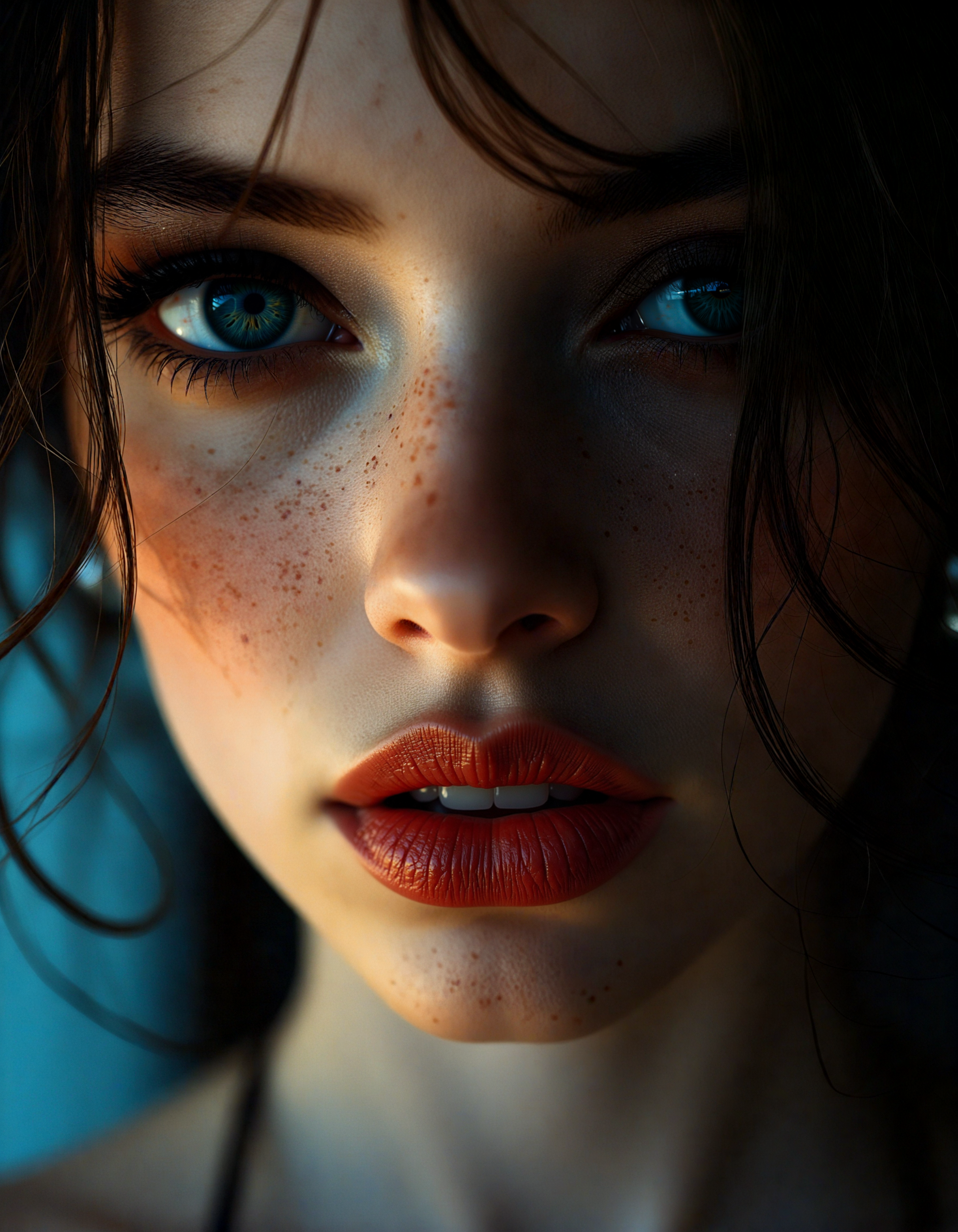hyperrealistic art (dark mood masterpiece Photography:1.2), portrait of a mysterious woman with blue eyes and bold eyeliner, she has sensuous lips, looking seductively, naughty, shy smirking. The extreme realism focuses on her detailed skin, showing fine textures and natural highlights. photography masterpiece, modern, irresistible beauty, fuzzy lighting, dark mood, unusual composition, use of negative space, (rule of thirds composition), simmetry , mysteriouse, emotional, flirting, (fine erotic content:0.65), groundbreaking unrivaled opus with unrivaled details, (Neon Orange color scheme), highly detailed, melancholic, low-light hyper detailed photography, catchlights, style by Luis Royo . extremely high-resolution details, photographic, realism pushed to extreme, fine texture, incredibly lifelike<lora:flux\Flux__Semi-realistic_art_style-000004.safetensors:0.45:0.45> <lora:flux\detailed_skin_portraits-000005.safetensors:0.15:0.15> <lora:flux\flux_realism_lora.safetensors:0.45:0.45> <lora:flux\flux_Pro-skin.safetensors:0.2:0.2>, <lora:flux\standard\Eye_Detail_Flux_Lora_-_Inpainting.safetensors:1.0:1.0>