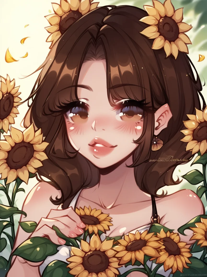 score_9, score_8_up, score_7_up, score_6_up, score_5_up, <lora:sn0wc4ndymXLP:1> sn0wc4ndym, 1girl, brown hair, sunflower,