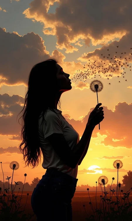 Silhouette of a woman blowing dandelion seeds against a sunset sky.
The woman is seen from the mid-chest up, in profile view, her back to the viewer. Her long dark hair falls down her back. She is gazing upward, and the silhouette suggests a relaxed, almost contemplative posture. She appears to be holding a cluster of dry, light-colored seed heads, possibly dandelions, gently blowing them into the air.
The sky is a mix of various shades of orange and yellow, from the warm lighting of the setting or rising sun, intermingled with gray and white clouds; the light flares and streaks around the woman and the sun's position. The sun is partially visible through the clouds. The woman's clothing and the surrounding landscape are completely shadowed, focusing the viewer's attention on her silhouette and the sky.
<lora:FLUX-daubrez-DB4RZ-v2:1> DB4RZ, DB4RZ style painting