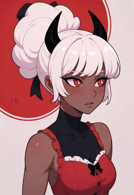 score_9, score_8_up, score_7_up,
masterpiece, best quality, detailed, amazing quality,
detailed background,
detailed eyes, clean eyes,
dynamic pose,
solo, 1woman, woman,
easynegative,
c4rl4_c4rm1n3, white hair, dark skin, red white eyes, black horns,
black bow, blushing, looking away, frilly dress
