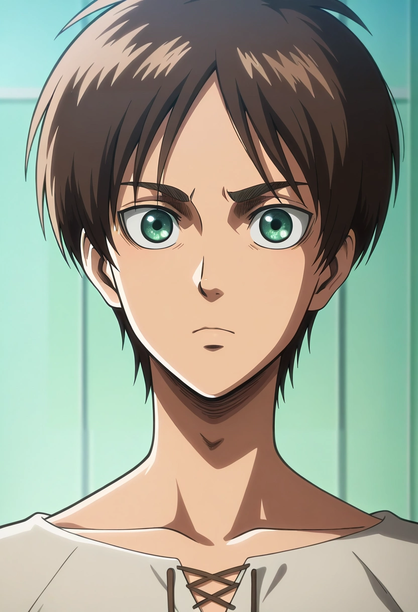 masterpiece, best quality, intricate details, anime screencap, anime coloring, official style, , , 1boy, solo, male focus, <lora:eren_yeager_ilxl:1>, eren_yeager, brown hair, green eyes, ,