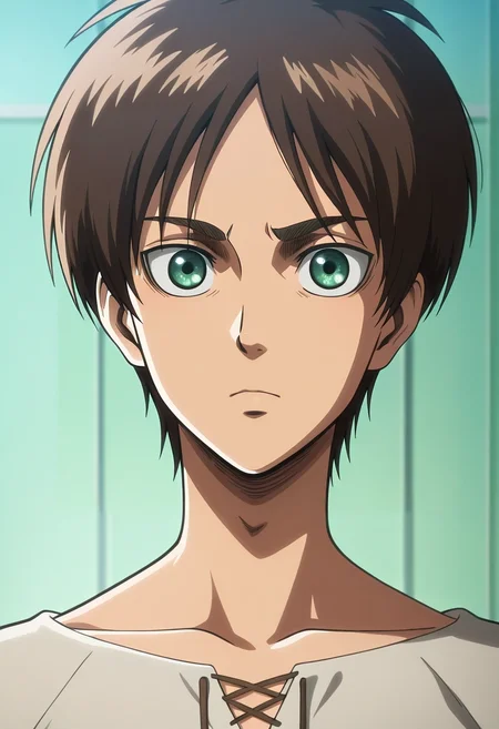 masterpiece, best quality, intricate details, anime screencap, anime coloring, official style, , , 1boy, solo, male focus, <lora:eren_yeager_ilxl:1>, eren_yeager, brown hair, green eyes, ,