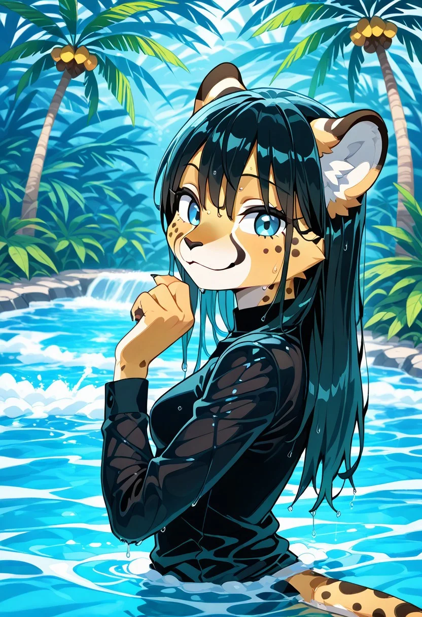 beautiful detailed eyes, masterpiece, best quality, intricate details, absurdres, 1girl, solo, medium breasts, ((furry cheetah girl:1.5)), big cheetah ears, (cheetah fur:1.1), animal nose, light blue eyes, ((dark black long hair, long bangs:1.5)), anime face, ((thin black shirt, long sleeve:1.5)), <lora:Hot_Tub_-_IL:0.8> ((pond, Water, partially submerged, waist-deep, flooding up to waist, wet, clear water, calm water, upper body, outdoors, river, day, looking to the viewer, cute smile, jungle backgrond, palmtree background, hand up, wet clothes, wet face, wet hair, wet fur:1.5)), dense jungle, looking down, impossible clothes, ((from side:1.5)), ((large river:1.5)), ((drooping ears:1.5)),