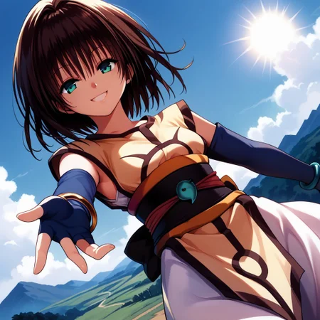 score_9, score_8_up, score_7_up, 1girl, solo,  tabard, obi, magatama, pelvic curtain, skirt, Fingerless gloves, elbow gloves, bracelets, seductive_smile, reaching out, cowboy shot,  landscape, sun, blue sky, sky,