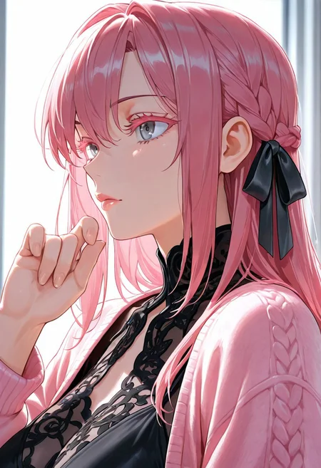 1girl, Tam Lin Tristan \(fate\),, adult woman, masterpiece, pink cardigan, open chest black dress, hand up, braid, pink hair, long hair, hair ribbon, black ribbon, luscious lips, lip gloss, portrait, colored eyelashes, backlighting, grey eyes,, goddess, glossy skin, ,hires, best quality, very aesthetic,absurdres,score_9, score_8_up, score_7_up, score_6_up, score_5_up, score_4_up, (hyper extreme detailed), (hyper quality), game CG, (colour:1.2),(from side:0.7)