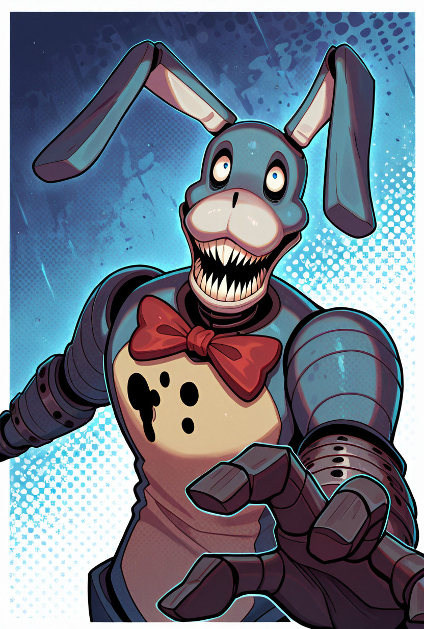 <lora:waltenfiles-10:1> waltenfiles, animal ears, rabbit ears, teeth, solo, no humans, red bowtie, male focus, sharp teeth, , blue background, reaching out, masterpiece, best quality, amazing quality, very aesthetic, absurdres, newest,, upper body, halftone effect, white borders, abstract background:1.2,